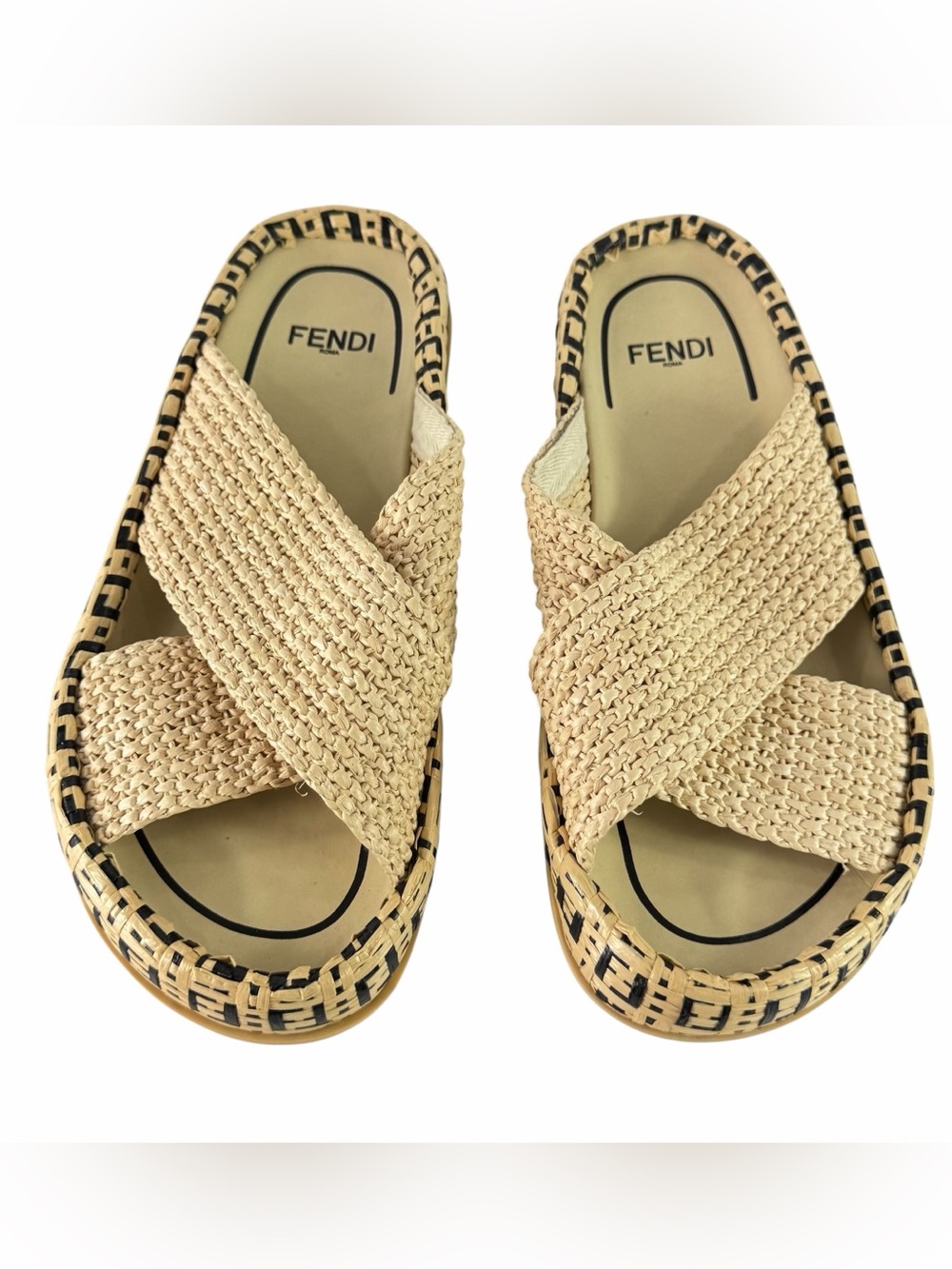 FENDI Beige Woven Raffia Flat Zucca Men Slides Sandals Marked as 8US